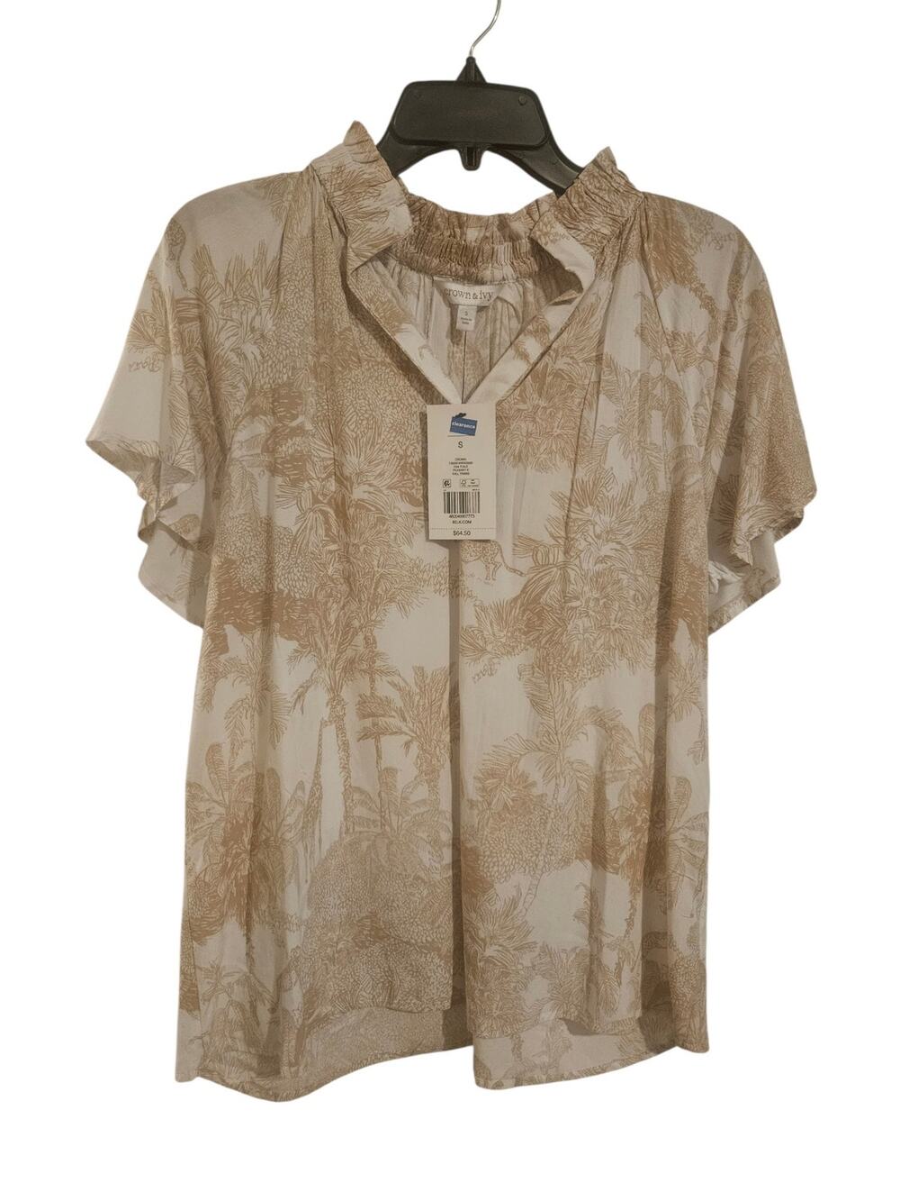 Crown & Ivy Woman's white blouse with jungle safari print size S